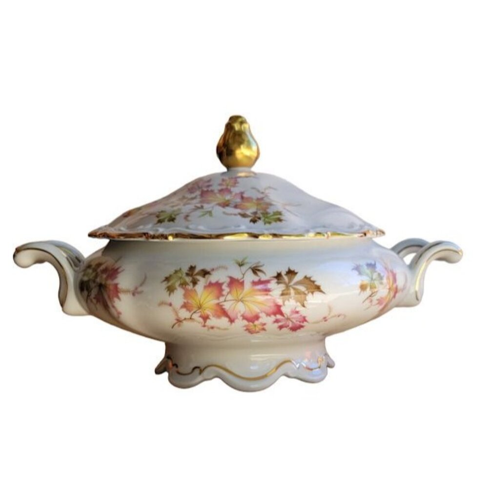 Mitterteich Bavaria Floral Gold Germany Serving Dish Lid Autumn Leaves Pink M19